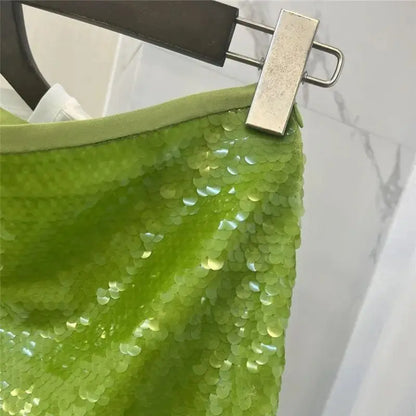 vzyzv -  Summer Green Sequined Mini Skirt Women Fashion Versatile Zipper A-line Mesh Skirt Female Luxury Party Skirts Z244