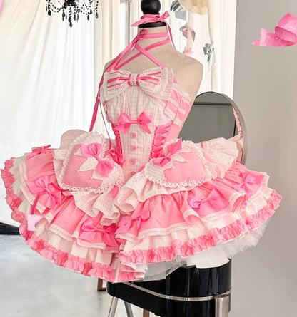 vzyzv -  New 2024 Spring Summer Lolita Sweet Girl Women's Strapless Princess Dress Big Bow Lace Ruffled Pettiskirt Mini Party Dresses