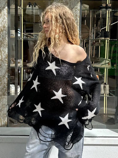 vzyzv  -  Street Stars Printed irregular Wide Collar Sweater Hot Girl Loose Thin Ripped Knit Sexy See Through Pullovers Long Sleeve