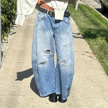 vzyzv  -  Fashion Ripped Barrel Jeans High Street Blue Low Waist Casual Oversized Denim Pants Boyfriend Style Women Outfits Y2K