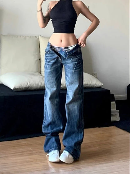 vzyzv  -  Women Korean Fashion Vintage Classical Chic Jeans Straight Leg Simple Jeans Grunge Harajuku Blue Denim Pants Y2k Tide Aesthetic