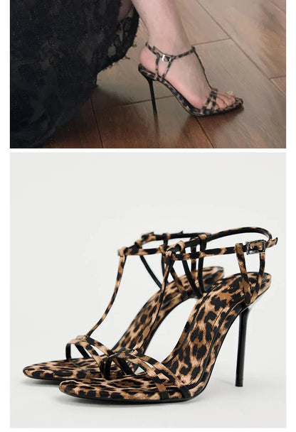 vzyzv -  Leopard print high heels, sexy small stature, temperament, thin heels, summer open toe buckle sandals, women's 2024 new model