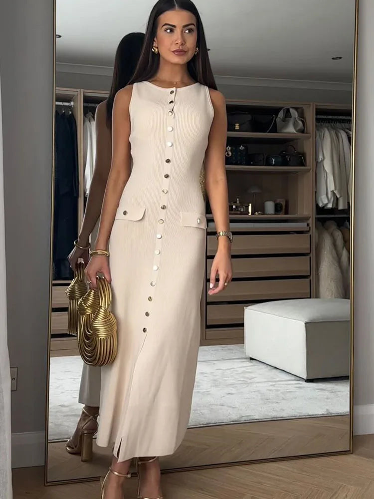 nvxiot  -  Elegant Slit Spliced Long Dress Women's New Fashion Button Solid Color High Waist Slim Party Evening Dress Long Dress