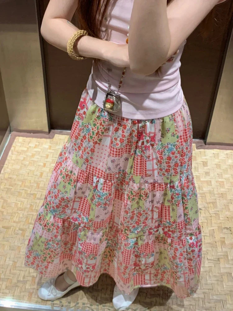 vzyzv -  Printed Floral Skirt Womens Mid Long Skirts 2024 Summer Mori Girl Style Lolita High Waisted Ruffle Pink Skirt