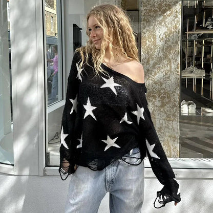 vzyzv  -  Street Stars Printed irregular Wide Collar Sweater Hot Girl Loose Thin Ripped Knit Sexy See Through Pullovers Long Sleeve