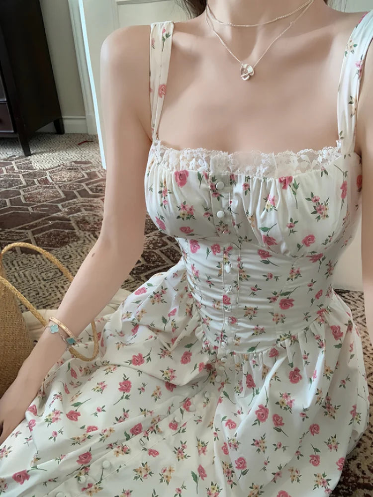 vzyzv -  Elegant Beach Party White Midi Dresses for Women  Summer New Korean Fashion Casual Sleeveless Slim Flower Female Clothing