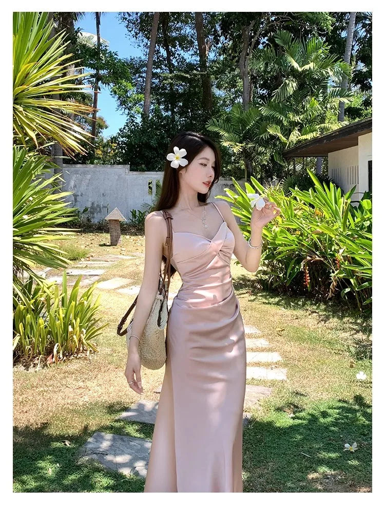 vzyzv  -  Summer Sexy Backless Satin Straps Midi Dresses for Women  Elegant Party Sleeveless Female Clothing Beach Holiday Pink New