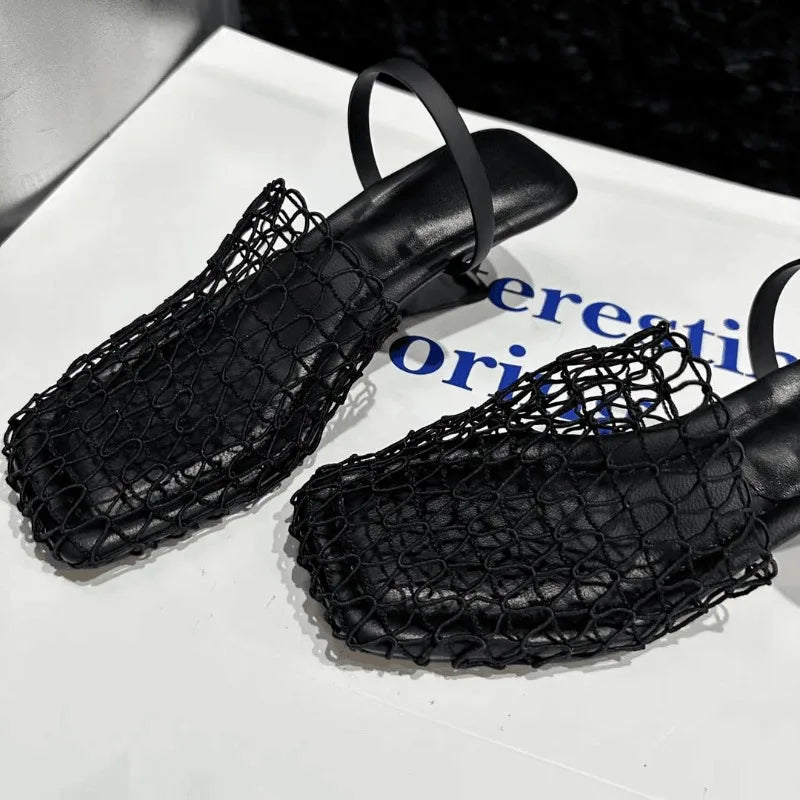 TAVIMART  -  2024 Summer High Quality Woven Hollow Black Fishing Net Breathable Slippers To Wear Sexy Square Head Women's Sandals