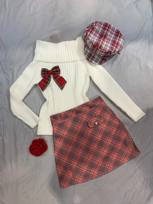 vzyzv  -  Korean Sweet New 2 Piece Set Women Y2k Bow Slash Neck Knitted Sweater + Vintage Plaid Mini Skirt Autumn Elegant  Fashion Outfits