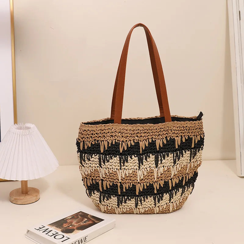 vzyzv -  New One Shoulder Grass Woven Bag Contrast Color Handmade Large Capacity Beach Vacation Leisure Summer Women's Bag