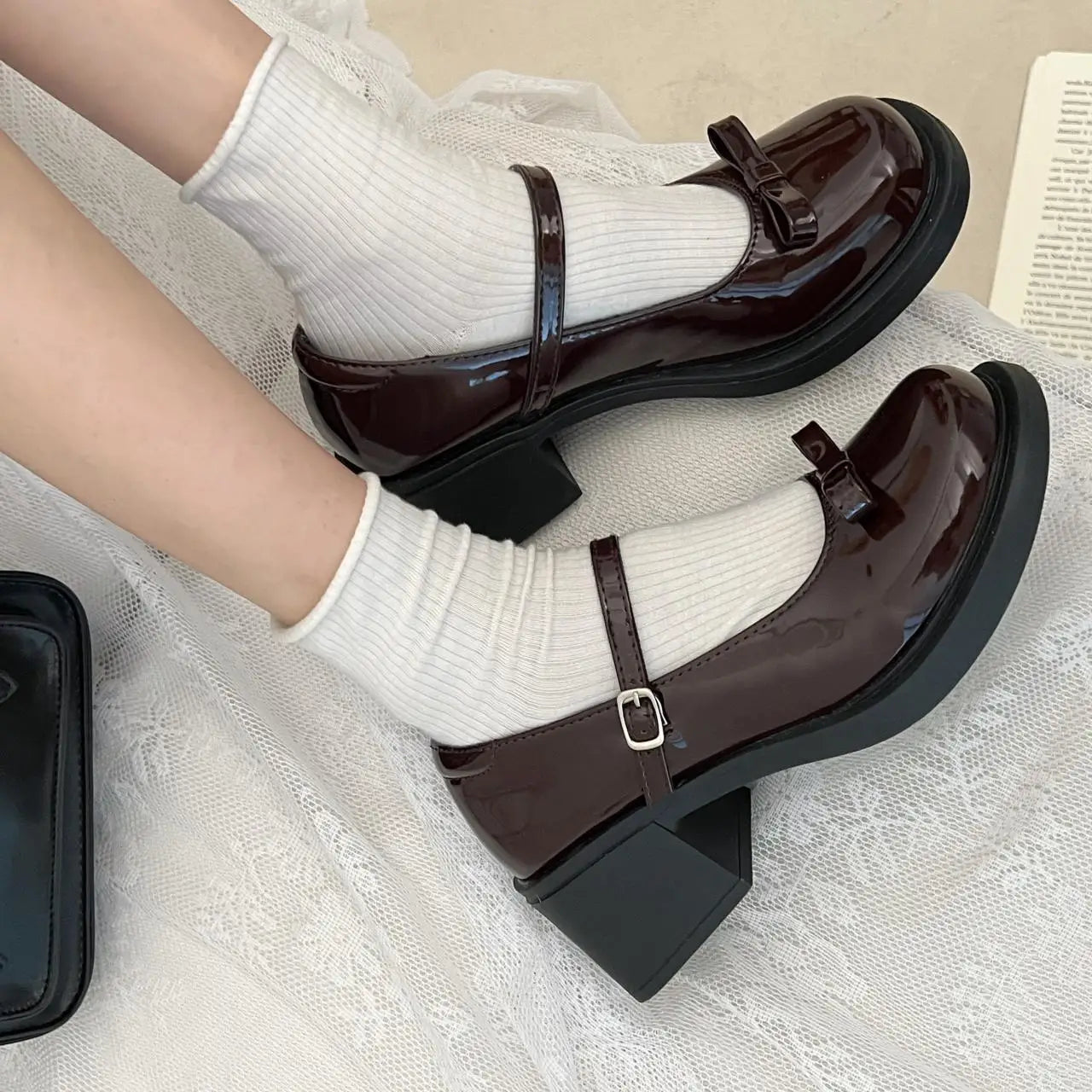 vzyzv  -  Kawaii Bowknot Round Toe Mary Jane Pu Leather Shoes Women's Retro High-heel 6cm Buckle Jk Uniform Women Shoes Tea Party