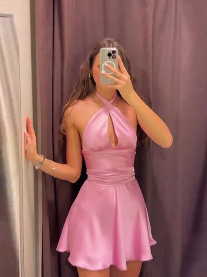 vzyzv -  Satin Halter Hollow Out Mini Dress Women Backless Sleeveless Slim Pink Party Dresses 2024 Summer Elegant A-line Pleated Vestidos