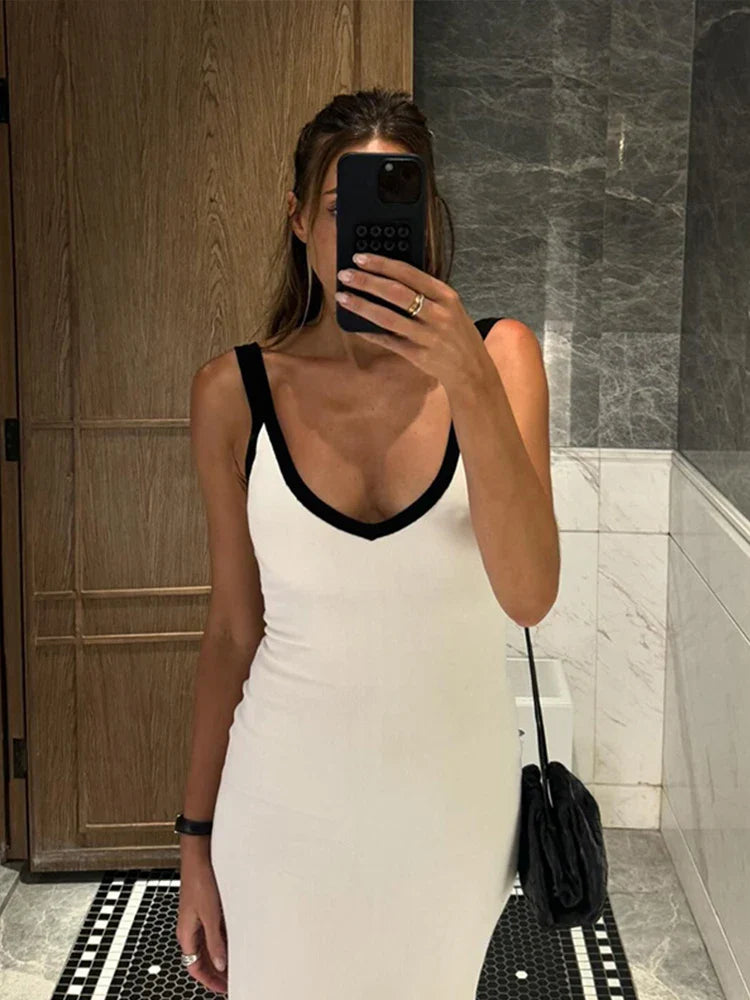 vzyzv -  Knitted Suspender Split Long Dress Women Sexy Sleeveless V-Neck Elegant Knitwear Beach Vacation Dresses Female Bodycon Chic Robe