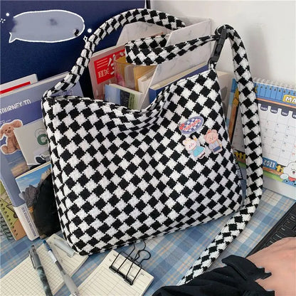 vzyzv  -  Japanese INS Wind Autumn and Winter Simple Shoulder Bag Large Capacity Messenger Bag Retro Plaid Woolen Backpack Girl