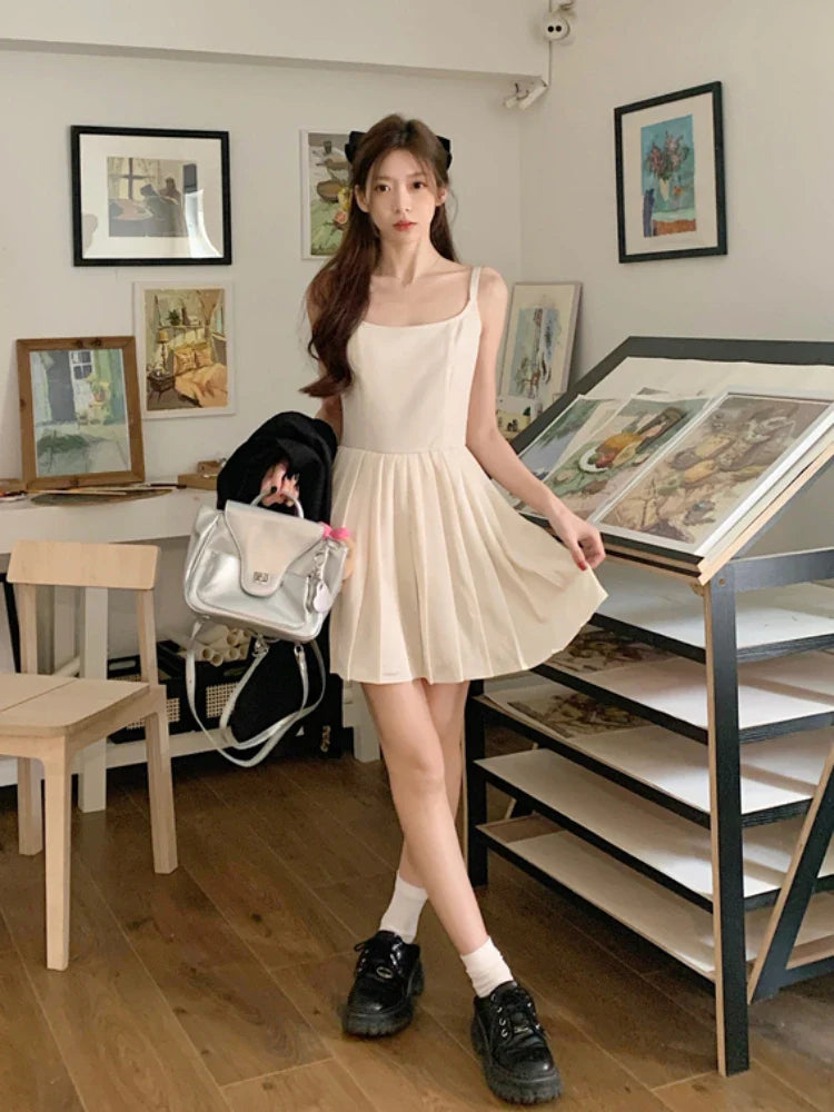 vzyzv  -  Pleaded White Dress Women A-line Summer Fashion Camisole Dress Korean Style Kawaii High Wasit Chic Vestidos 2024 Solid