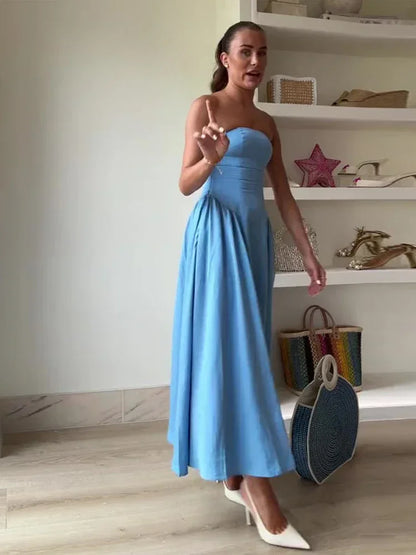 vzyzv -  Sexy Satin Slim Chest Wrapped Long Dress Women Fashion Backless Strapless Midi Dresses 2024 Summer Office Lady Evening Robes