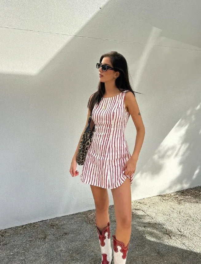 vzyzv -  Fashion Solid Pink Stripe Mini Dress Women Sexy O Neck Sleeveless Short Sundress 2024 Summer Casual Female Beach Street Robes