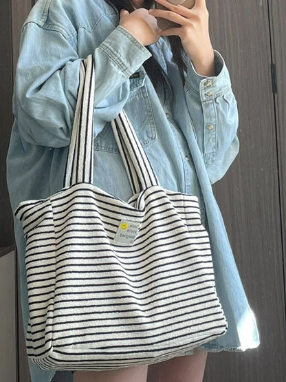 vzyzv  -  Korean Striped Casual Handbag Tote Bags High Quality Large Capacity Women Commute Shoulder Bag