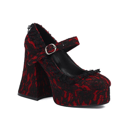 vzyzv  -  Lace Printed Fabric Platform Ultra-High Conical Heel Shallow Fashion High Heels Buckle Floral Fabric Elegant And Sexy Pumps