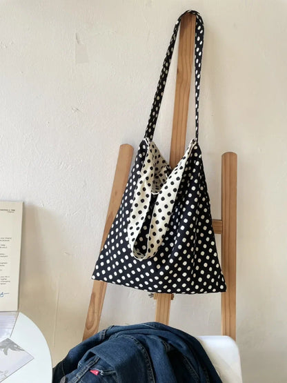 vzyzv  -  Niche Double-sided Black White Polka Dot Bags Female Shoulder Bag Casual All-match Retro All-match Simple Canvas Bags