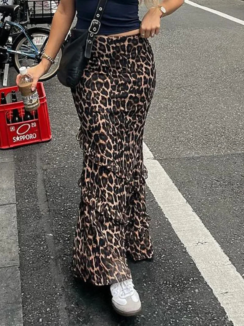 nvxiot  -  Elegant Summer Leopard Print Skirts 2024 Women's Clothing Sexy High Waist Ruffles Long Skirt Streetwear Female Mesh Long Dresses