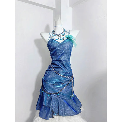 TAVIMART  -  Dress Blue Sea Glitter Suspender Princess Sexy Hip-Hugging Fishtail Dress Stunning Little Skirt For Women