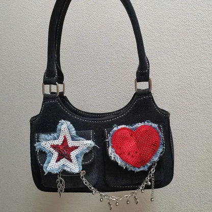 vzyzv  -  Women New Retro Y2k Aesthetic Star Heart Sequined Shoulder Bags Vintage Punk Korean Handbags Harajuku Chain Crossbody Bag Denim