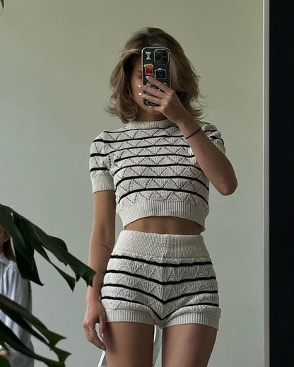 vzyzv -  Stripe Round Neck Short Sleeve Tee T-shirts And Shorts Two Piece Set For Women Outfits Fashion Slim Chic Knitting Summer Suit