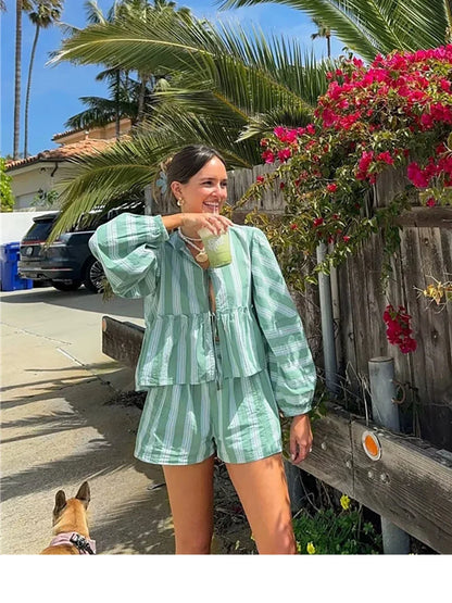 vzyzv -  Summer Holiday Style Casual Striped Print Loose Tops With Shorts Suit Women Two Pieces Suit Beach Style Green Blouse With Pants