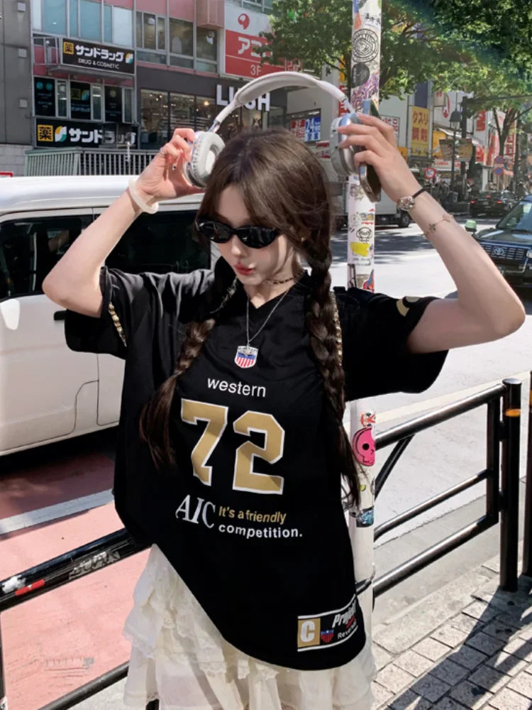 vzyzv  -  Hip Hop Oversized Sports Number Tee Basketball Jersey Women Short Sleeve V Neck T-shirts Cotton American Retro Clothes