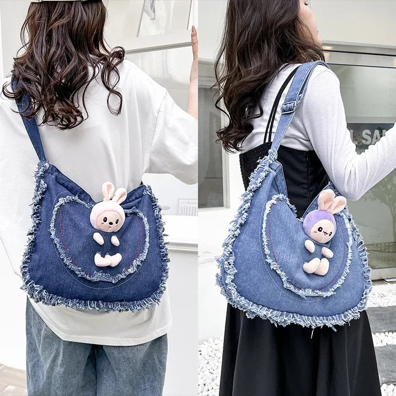 vzyzv  -   High-capacity Canvas Heart Handbags Casual Sweet Tassel Shoulder Bag Cartoon Cute Rabbit Doll Kawaii Denim Crossbody Bags Women