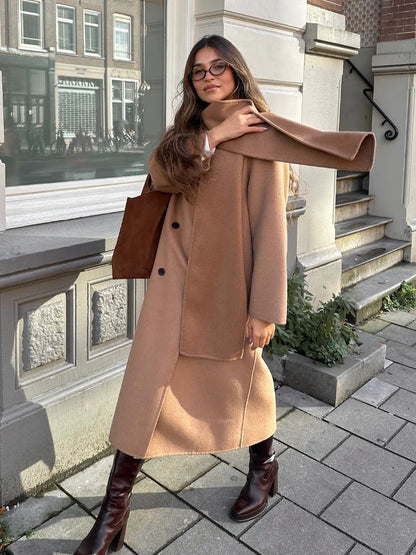 vzyzv  -  Women Elegant Brown Long Woolen Coats With Scarf Fashion Double Breasted Oversized Thicken Overcoats Lady Daily Streetwear