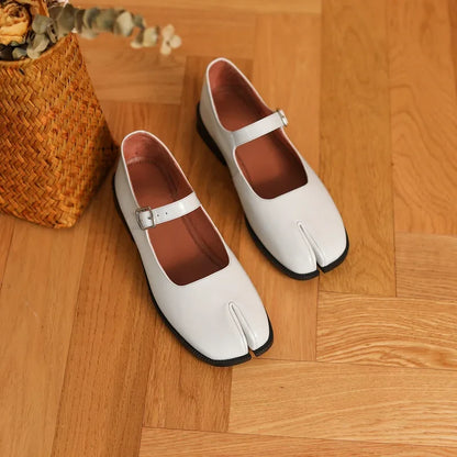 vzyzv  -  Cowhide Real Leather Flats Cozy Retro Mary Jane Ladies Buckle Strap Shoes Split Toe INS Hot Spring Autum Women Simple Shoes