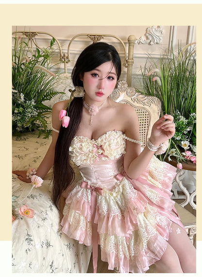 vzyzv -  Fairy Spring and Summer Lace Romantic Atmosphere Slimming Dress Pink Apricot Ruffled Tube Top Mini Princess Dresses for Party