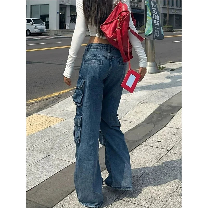 vzyzv  -  Blue Womens Jeans Y2K Vintage Design Sense High Waisted Straight Trouser American Streetwear Loose Clothing Wide Leg Denim Pants