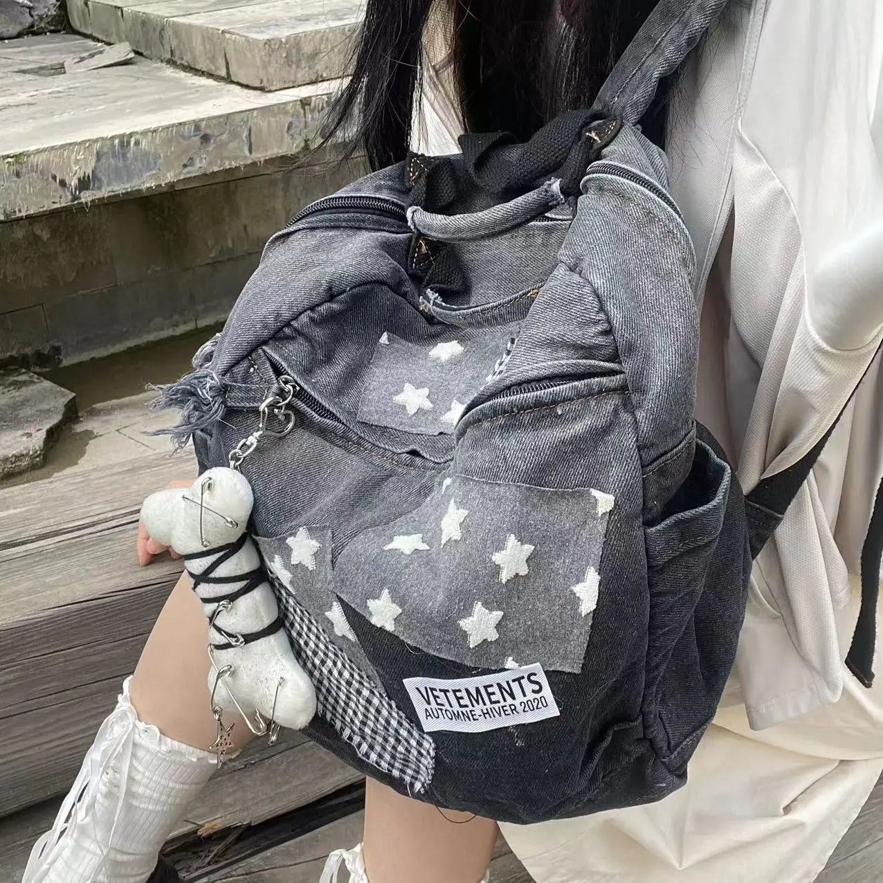 vzyzv  -  Korean Y2k Star Patchwork Plaid Preppy Student Girl Schoolbag Vintage Denim Gradient Backpacks Fashion Ladies Cute Backpack