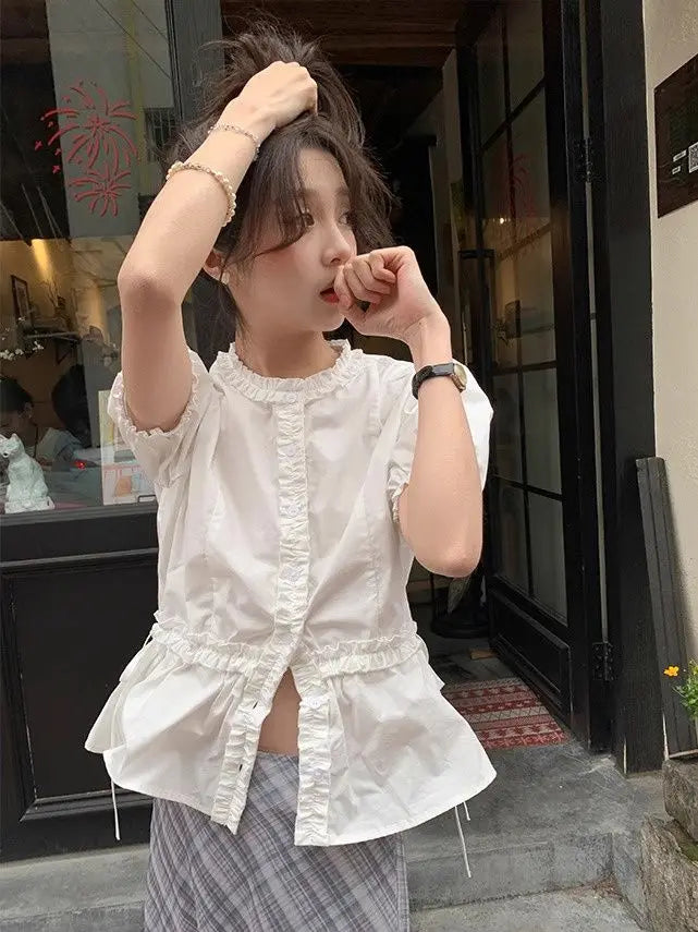 vzyzv  -  Shirt White Fungus Edge Drawstring Women Short Sleeve Slimming Waist Shirts Feminina Ladies Cropped Tops Korean Fashion Chic New