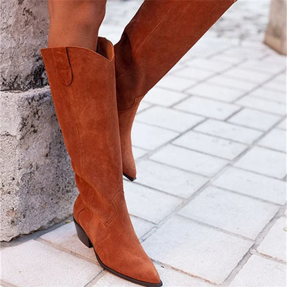 vzyzv  -  Solid Color Pointed Toe Suede Women's Knee High Boots Retro Platform Ladies Knight Boots Crude Heel Fashion Comfy Botas De Mujer