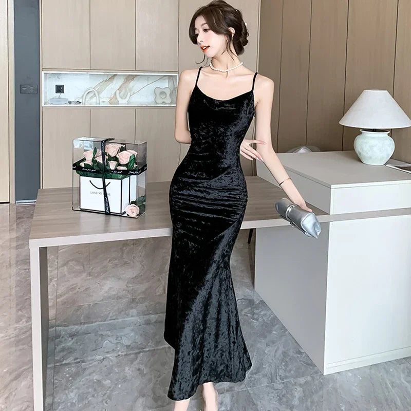 nvxiot  -  2024 New White Velvet Luxury Sling Long Dress Autumn Winter Elegant Ruffled Mermaid Dress Women Korean Vintage Dance Party Dress