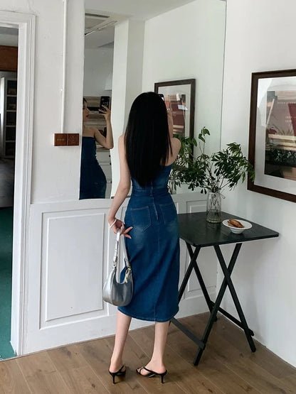 vzyzv -  Fashion Sexy Strapless Denim Dress Women Korean Summer Sleeveless Sheath Long Dresses Casual Slim Jeans  Vestidos