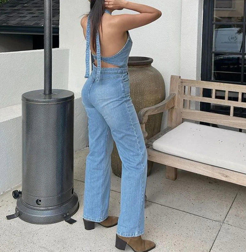 vzyzv  -  New Women Denim Jumpsuit Lace-up Sleeveless Jean Overalls Jumpsuits Backless Streetwear Female Fashion V-Neck Lady Rompers