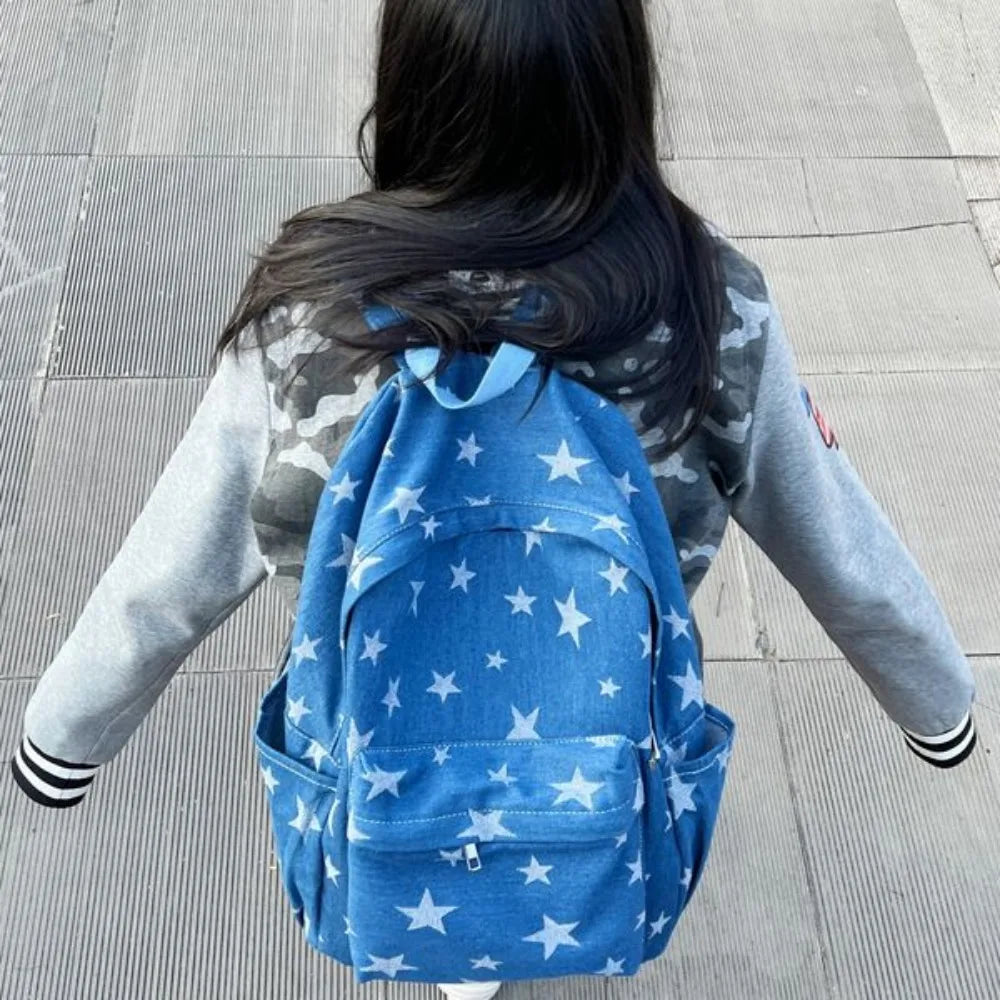 vzyzv  -  Y2k Star Print Aesthetic Denim Backpacks Korean Vintage High-capacity Fashion Students Schoolbags Casual Trendy Unisex Mochilas