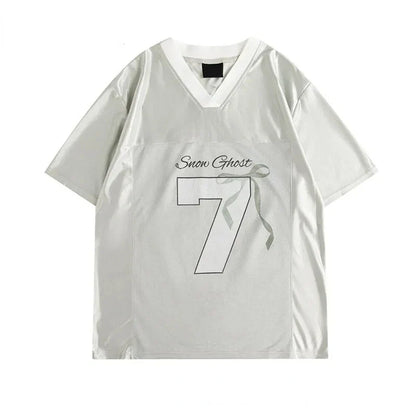 vzyzv -  Y2k Silvery Sports T Shirts Women Bow Graphic Oversize Quick Drying Top Contrast Patchwork V-neck Summer Fashion Hip Hop