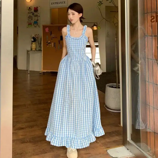 TAVIMART  -  Suspender Long Skirt Fungus Edge Plaid New Sea Salt Ice Cream Women'S Fresh Summer Sweet Retro Long Dress