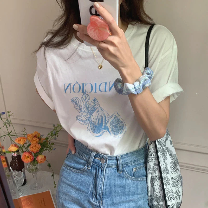 vzyzv  -  Summer Korean Chic Women T-Shirt  Ladies Simple All Match Fig Print Loose Round Neck Slim Casual Short-Sleeved Y2k Top