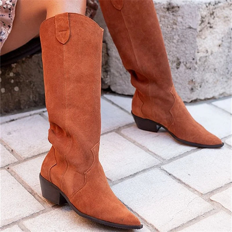 vzyzv  -  Solid Color Pointed Toe Suede Women's Knee High Boots Retro Platform Ladies Knight Boots Crude Heel Fashion Comfy Botas De Mujer