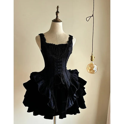 vzyzv  -  Retro Hepburn Wind Black Sling Fishbone Waist Trimming Ruffles Dress