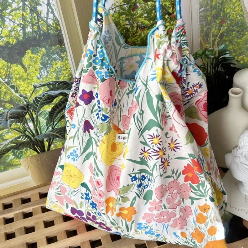 vzyzv  -  Korean Elegant Flower Print Tote Bags Vintage Sweet Y2k Cute Women's Handbags High-capacity Casual Kawaii Shoulder Canvas