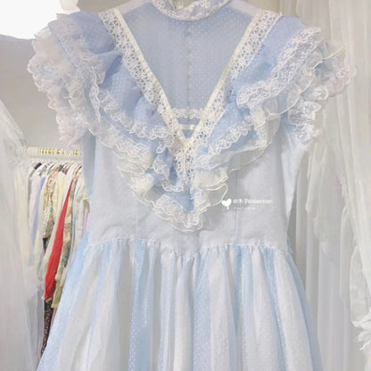 vzyzv -  Summer New Vintage Flying Sleeve Ruffles Fairy Dress for Women Princess Style Blue Party Evening Long Dresses Vestidos