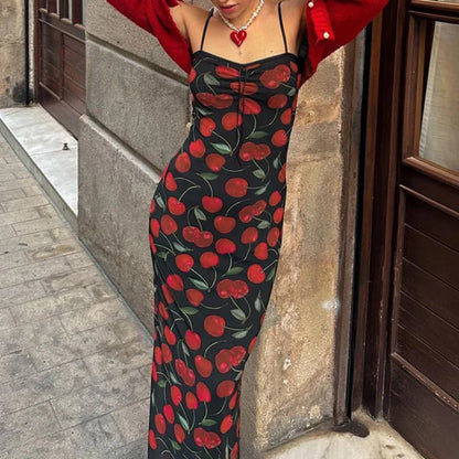 vzyzv -  Hot Summer Slim Maxi Suspender Dress For Women Flower Print Lace Up Sleeveless Plunge Female Beach Vacation Dress Elegant